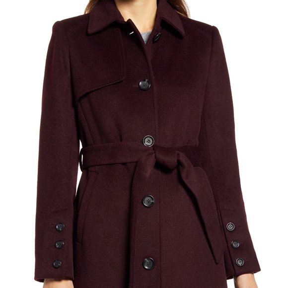 Sam Edelman Belted Wool Blend Trench Coat Wine Burgundy 2 NWT - Picture 2 of 14